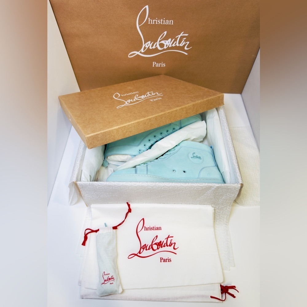 Christian Louboutin Louis Orlato High-top Men’s Sneakers Teal Suede/Velvet EU-44 - Picture 15 of 16